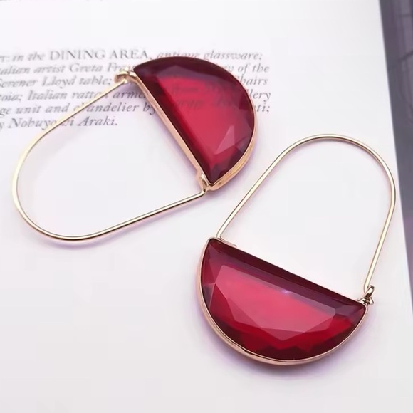 Red Crescent Glass Closed Hoops Earrings - Picture 10 of 11
